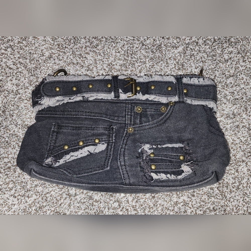 Black Denim Shoulder Bag 2 Straps New - Picture 1 of 10